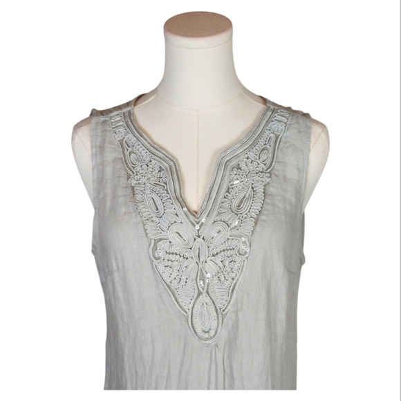 Lina Tomei Italian Linen Dress Gray Embroidered Boho Sleeveless M Made Italy - Picture 2 of 9